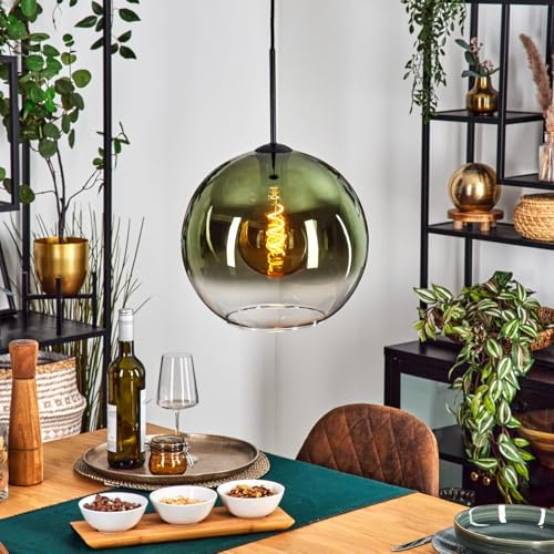 HOFSTEIN Hängeleuchte Koyoto, 1-flammige Hängelampe aus Metall/Glas in Schwarz/Grün/Klar, moderne Pendelleuchte im Retro/Vintage-Design (Schirm Ø 30 cm), E27, Esszimmer, Küche, Wohnzimmer