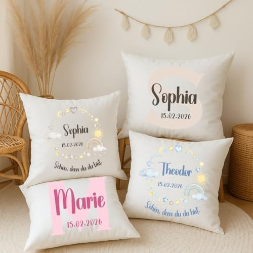 wolga-kreativ Personalisiertes Kinderkissen mit Namen und Datum 40x40 cm Modernes Design Fuer Maedchen und Jungen mit Fuellung Namenskissen Kinderzimmer Geschenk zur Geburt Taufe Geburtstag
