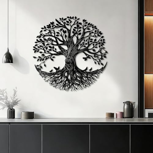 Tree of Life Metal Wall Art Round Rustic Hanging Sculpture (Black Tree)