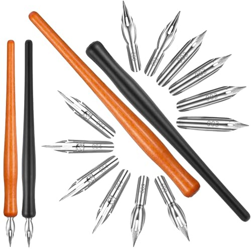 guduling 14 Stück Dippen, Schreibfeder aus Holz, 2 Kalligraphie Stift + 12 Kalligraphie Feder aus Edelstahl für Kalligrafie, Comics und Kunstmalerei, Zeichenfeder Set, Stifthalter für Künstler