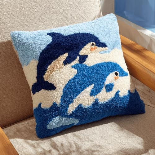 Taxpy Knüpfkissen Set 43x43 cm Delphin Knüpfset für Anfänger,Kissen Strickset mit vorgestanztem Teppich,DIY Knüpfkissen für Erwachsene & Kinder