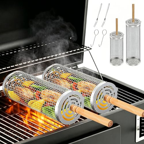 Rolling Grill Basket, BBQ Grill Basket with Handle 304 Stainless Steel Barbecue Accessories Tools Birthday Gifts for Men Father, BBQ Vegetable Basket for Outdoor Cooking Camping