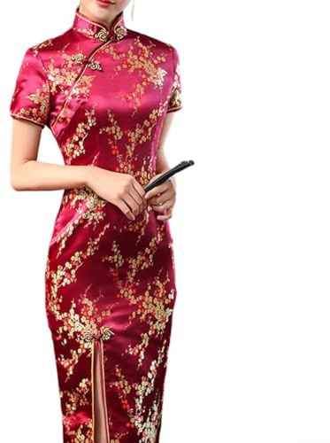 Robe Cheongsam traditionnelle chinoise pour femme - Élégante - Longue robe Qipao avec fente latérale - Imprimé fleurs de prunier - Robe de soirée pour le printemps et l'été - Rouge, bleu, rose, doré
