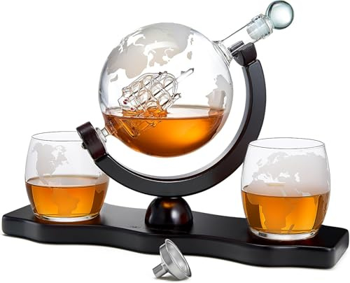 Whisky & Wein Karaffe Dekanter Globus - Geschenke für Männer - 900 ml - Geburtstagsgeschenk Geschenkset - Inkl. 9 Whisky Steine & Ausgießer & 2 Whisky Gläser - Whiskey Schnappsdekanter