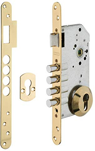 THIRARD - Boîtier de Serrure Encastrable à Cylindre pour Porte d'Entrée - Axe 60 mm - 4 Pênes - Bouts Ronds - Laiton - Têtière Acier - Gâche Plate - Carré 8 mm - Jaune/Doré
