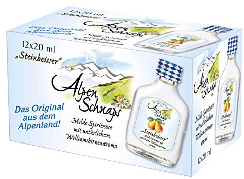 Alpenschnaps Steinbeisser Williamsbirne (12 x 20 ml) – Milder, aromatischer Williamsbirnen Schnaps – Obstschnaps mit Rezeptur aus dem Alpenland – Schnaps für den Genuss nach dem Essen – 35 % Vol.