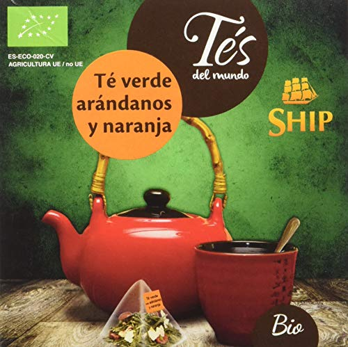 Ship - Té Verde Bio con Arándanos y Naranja - Caja de 15 Pirámides - Propiedades Antioxidantes - Activa la Mente - Aporta Vitaminas y Minerales - Sabor Dulce