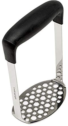 Cooking Light Heavy Duty Stainless Steel Masher, Broad and Ergonomic Horizontal, Fine Plate for Smooth Mashed Potatoes, Soft Grip and Non-Slip Handle, Black