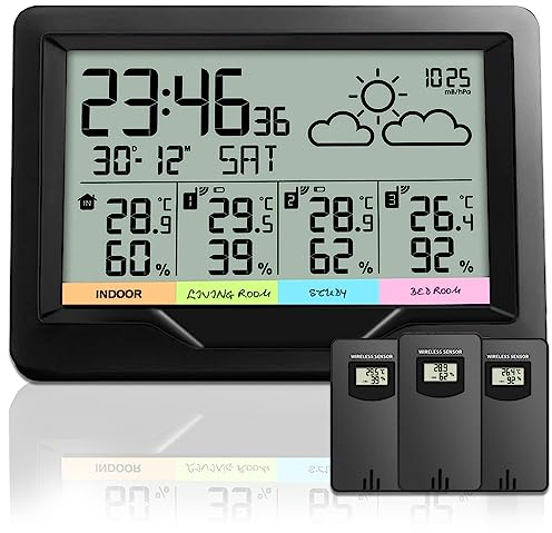 OULE GmbH wetterstation funk mit 3 außensensor, thermometer innen außen,Hygrometer innen mit DIY Label,wetterstationen innen und außentemperatur funk mit wettervorhersage,DCF-Funkuhr