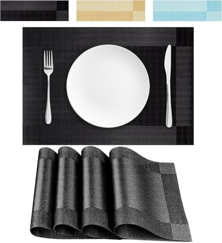 jiuzcare Tovagliette Americane Lavabili Plastica PVC Set 4 Pezzi Tovaglietta da Tavola Non-Scivolose Antiscivolo Antimacchia Resistenti Calore Tovagliette Adatto Tavolo da Pranzo Cucina 45x30cm, Nero