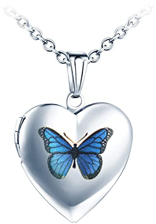 Yumilok Medaillon Kette Damen Halskette Liebesherz Schmetterling Amulett Medaillon zum öffnen für Bilder Foto Geschenke für Freundin Frau Mutter