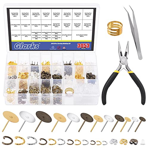 Glarks 3053pc Gold/Silver/Bronze Earring Kit - Posts, Backs, Tools for Earring Making