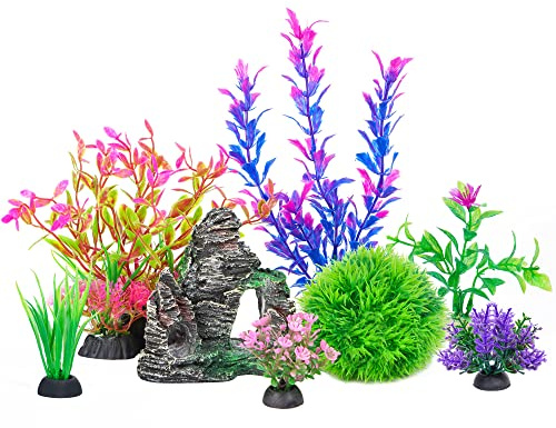 Ameliade Aquarium Artificial Plastic Plants Decorations and Rock Cave Decor Set Goldfish Betta Fish Tank Accessories Small Large Fish Bowl Ornaments