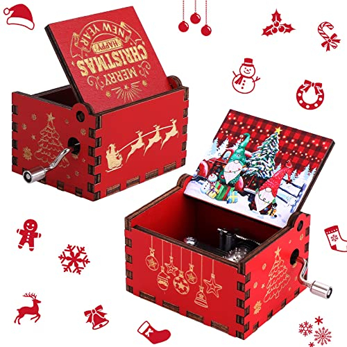 Cobee Weihnachten Jingle Bells Handkurbel Spieluhren, Holz Weihnachtsspieluhr Mini Vintage Gravierte Spieluhren Frohe Weihnachten Dekorationen Geschenke für Neujahr Weihnachten Jungen Mädchen Männer