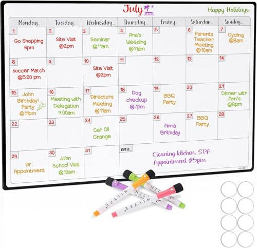 HILYFE Monthly Planner Whiteboard A3- Magnetic Fridge Calendar for Cupboard & Wall with 4 Dry Erase Markers - Meal Planning Memo Board - Task Planning and Event Reminder Notice Board