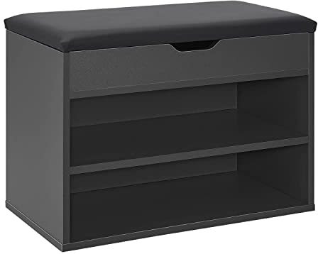 Juskys Schuhregal mit Klappdeckel und gepolstertem Sitz 60x30x44 cm - Schmale Sitzbank aus Holz mit Schuhablage und Polster — Grau-Schwarz