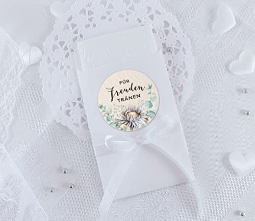 Set Freudentränen Eukalyptus Trockenblumen beige grün zur Hochzeit 48 Sticker Aufkleber + 48 Flachbeutel 63 x 93 mm für Taschentücher Verpackung (Tüten + Sticker Eukalyptus beige grün weiß)
