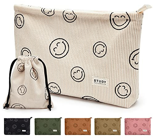 WLLWOO Make-up-Tasche mit lächelndem Gesicht, aus Kordsamt, mit Reißverschluss, wasserdicht, Federmäppchen, Münzbörse, Reise-Kulturbeutel, kleine Make-up-Tasche für Damen, 2 Stück, Cremeweiß, Niedlich