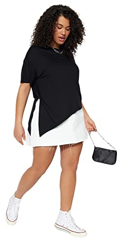 Trendyol Dam normal passform bas rund hals stickad plus storlek blus skjorta, Svart, 3XL