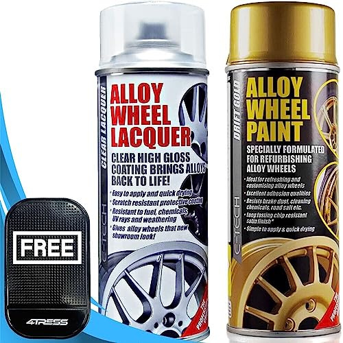 4TRESS E-Tech Drift Gold Chip Resistant Alloy Wheel Spray Paint 400ml, 1 x Clear Lacquer Car Alloy Wheel Paint Aerosol Can 400ml Non Slip Car Dash Mat (‎‎AWP-7506-ET)