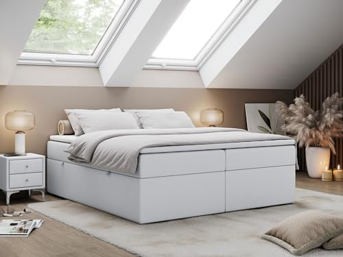 MKS MEBLE Boxspringbett 180x200 cm ohne Kopfteil mit Bettkasten, Premium Multipocket Matratze H4, mit Topper T25, Stauraumbett BESS - Weiß Kunstleder