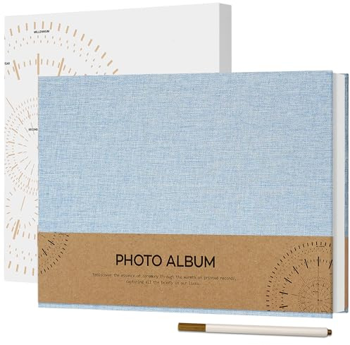 Vienrose Självhäftande fotoalbum för foton på 10 x 15 cm, liten klippbok i linne, 60 vita sidor, gör-det-själv-album med metallpenna, 21,5 x 30 cm, himmelsblå