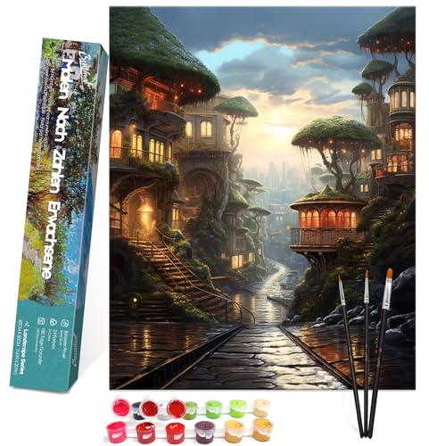 Bougimal Malen Nach Zahlen Erwachsene Landschaft Ohen Rahmen inklusive Pinsel und Acrylfarben - 40 x 50 cm, Baumhaus Straße