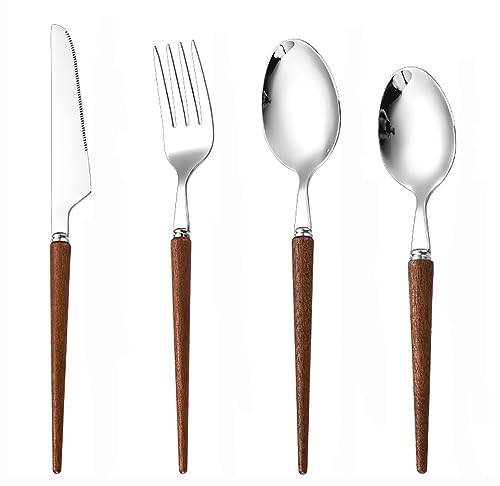 Ensemble d'argenterie, couverts, manche en bois, ensemble d'ustensiles de table en acier inoxydable, finition miroir pour restaurant à domicile (Type 2 24 pièces pour 6) (Type 1 48 pièces pour 12)