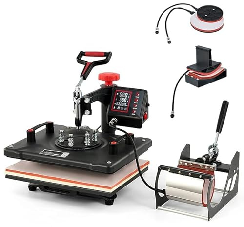 CREWORKS 5 en 1 Presse à Chaud 38x30CM Machine de Transfert à Chaleur Plateaux Pivotant à 360° Contrôle Numérique de Durée et Température avec Accessoires pour Tasse Chapeau Assiette Capuchon