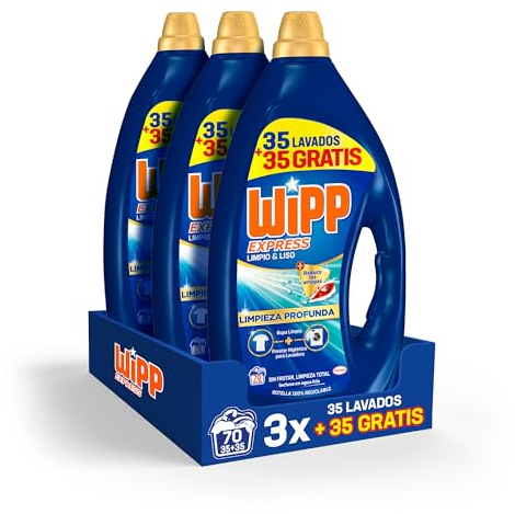 Wipp Express Detergente Liquido Limpio y Liso para Lavadora, 35+35 lavados, Pack de 3 - Total 210 Lavados