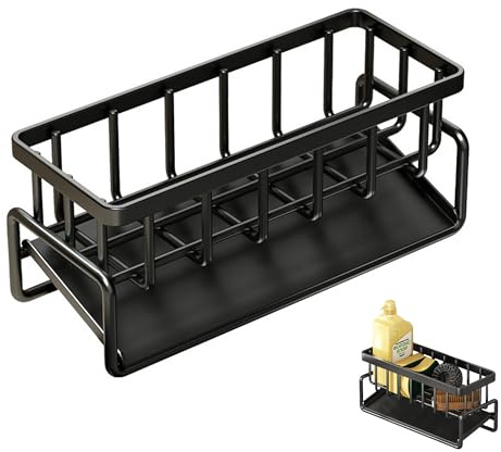 LoNinLoAn Sink Caddy Kitchen, Sink Organiser Stainless Steel (Black) | Rustproof Sponge Holder with Self-Draining Drain Tray, Kitchenn Sink Organizer for Bathroom or Kitchen