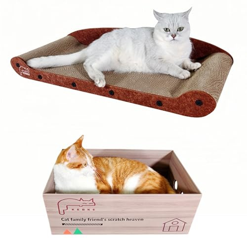 KEBKE Cat Scratcher Bed 30 Inch Cat Couch Scratcher &17.5 Inch Cat Scratch Box with Refillable Scratch Pad Cat Scratchers for Indoor Cats Durable Extra Large Cats Lounge Furniture Protector