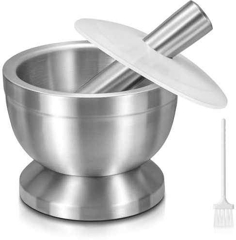 Pestle and Mortar Set, Sopito Stainless Steel Mortar Bowl and Pestle with Lid and Anti Slip Base for Herbs, Garlic, Ginger & Spices, 11.7cm/4.6in Diameter