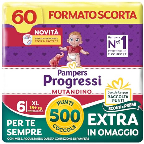Pampers Progressi Mutandino XL, Taglia 6 (15+ kg), 60 Pannolini Bambino