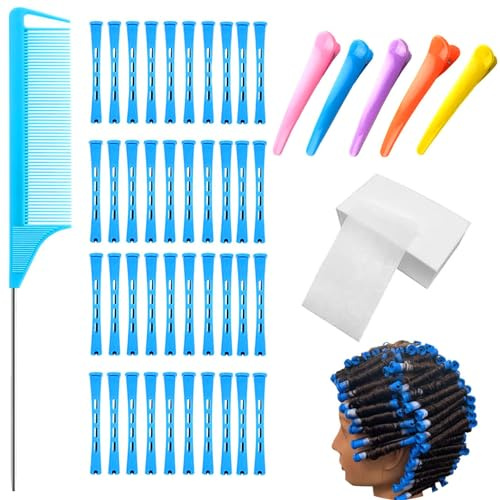 47PCS 40 Perm Rods and1wraps Perm Papers1Rat Tail Comb and 5Duckbill Clip, Blue Perming Rods,Perm Hair Curlers Rollers Hair Perm Curlers With Hair Perming Kit for Hairdressing Styling Supplies