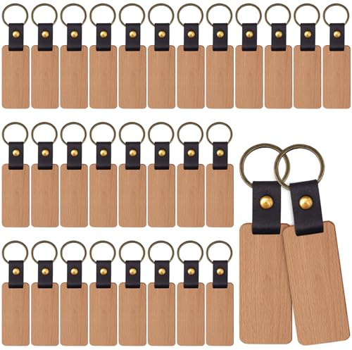 GOMETY Lot de 30 Porte-clés en Bois Rectangulaires - Bois Brut - Pour Gravure DIY - Marron