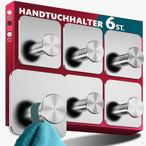 Menz Handtuchhalter ohne Bohren Edelstahl, 6er Set, Silber | Wasserfeste Badezimmer Handtuchhalter, moderne Klebehaken fürs Bad, Haken selbstklebend als stabil Handtuchhaken