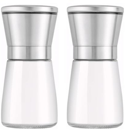 LiangYuanZen Lot de 2 moulins à sel et poivre en verre de qualité supérieure et acier inoxydable avec noyau de broyage en céramique réglable manuellement pour poivre, sel, épices, sans contenu
