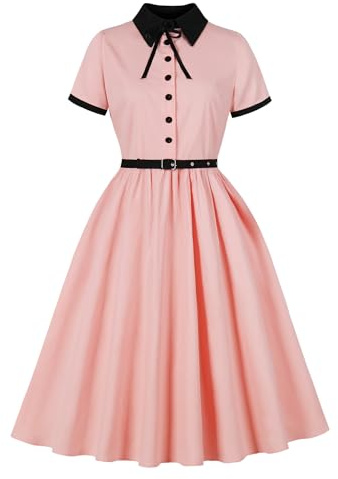 Wellwits Women's Bow Button up Modest Vintage Tea Party Dress Summer Pink L