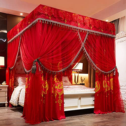Prinzessinnen-Betthimmel mit 4 Eckpfosten und süßem Moskitonetz für Mädchenbetten, Erwachsenenschlafzimmer, Kinderzimmer; Vorhangnetz für Einzel-/Doppel-/Queensize-/Kingsize-Betten (Rot, California