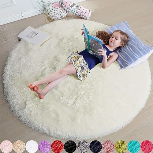 Tappeto rotondo in lana a pelo lungo per soggiorno, cameretta dei bambini, camera da letto, bianco, 150 x 150 cm