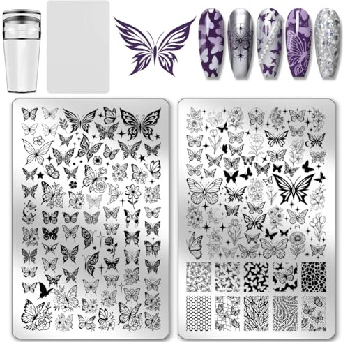 PH PandaHall 2pcs Plaque de Tampon à Ongles à Motif Papillon Modèle D'Art D'Impression de Papillon de Fleur Plaque D'Image D'Ongle en Acier Inoxydable pour Décoration D'Ongles D'Été Femmes 14.5x9.5cm
