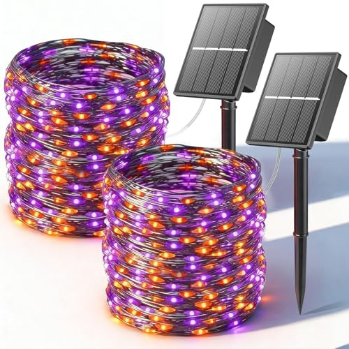 SOLARBABY 2 Pacchi Luci Solari Esterno,2 x 22m Totale 400 LED Catena Luminosa Esterno Solare, 8 Modalità Arancio-Viola Halloween Filo di Rame Lucine Esterno Solare Impermeabile per Halloween Decor