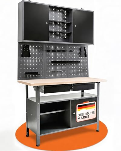 Ondis24 Werkstatteinrichtung Werkstatt Set Werkbank Fritz Hängeschrank Werkzeugwand Metall Schwarz Grau (Hängeschrank Kurt, 120 cm)