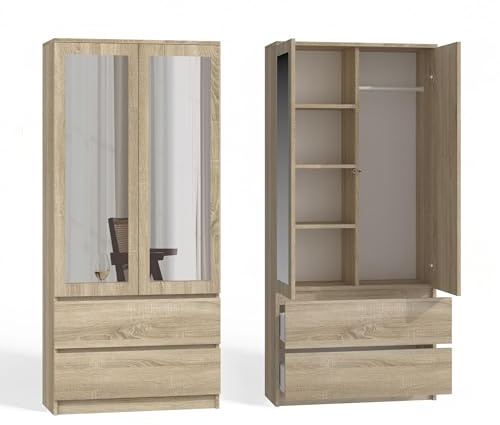 CDF Kleiderschrank 90 cm Breit Kinderkleiderschrank 2-türiger Allzweckschrank Mit Spiegel 2 Schubladen 4 Regalen 1 Kleiderstange Schlafzimmer Laminierte Platte 16mm Mehrzweckschrank Eiche Sonoma