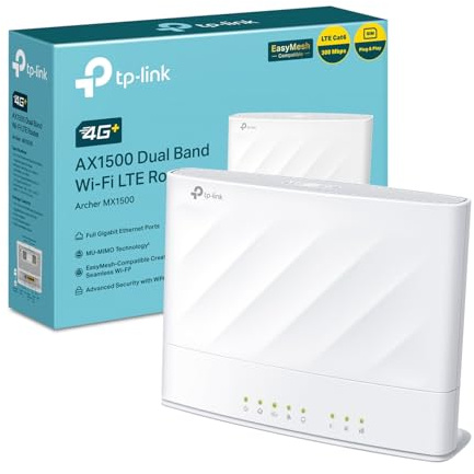 TP‑Link Archer MX1500 - Router 4G+ AX1500 LTE Dual Band – Velocidad hasta 1201 Mbps + 300 Mbps, Compatible con EasyMesh, App Tether, Ideal para hogares y oficinas sin Cable DSL
