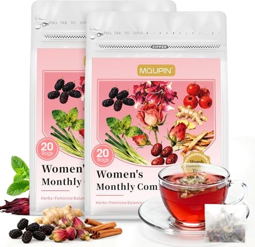 Soothing Herbal Tea for Menstrual Comfort & Relaxation - Caffeine-Free Blend with Hibiscus, Ginger & Rose - 40 Individually Wrapped Tea Bags - Gift for Women