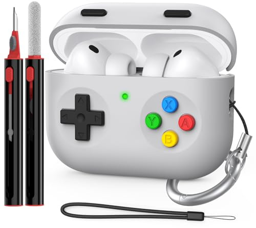 Delidigi für AirPods Pro 3 Hülle Case Klassische Handheld Game Console Design Silikon Schutzhülle with Reinigungsstift & Handschlaufe Kompatibel mit Apple AirPods Pro 3. Generation (Hell Grau)
