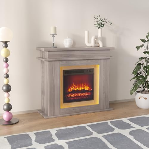 Camino Elettrico da Terra con Cornice Legno Caminetto - Effetto Fiamma 3D Realistico 3 Modalità, 1500W Focolare elettrico da terra con telecomando, timer, termostato (Colore del legno, 90x100x34.5 cm)