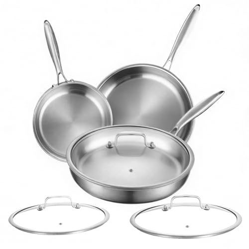 Nontoxicook Professional Uncoated Frying Pan Set with Lids, 22/26/30cm | Tri-Ply Stainless Steel for Fast, Even Heating, Suitable for All Hobs Including Induction